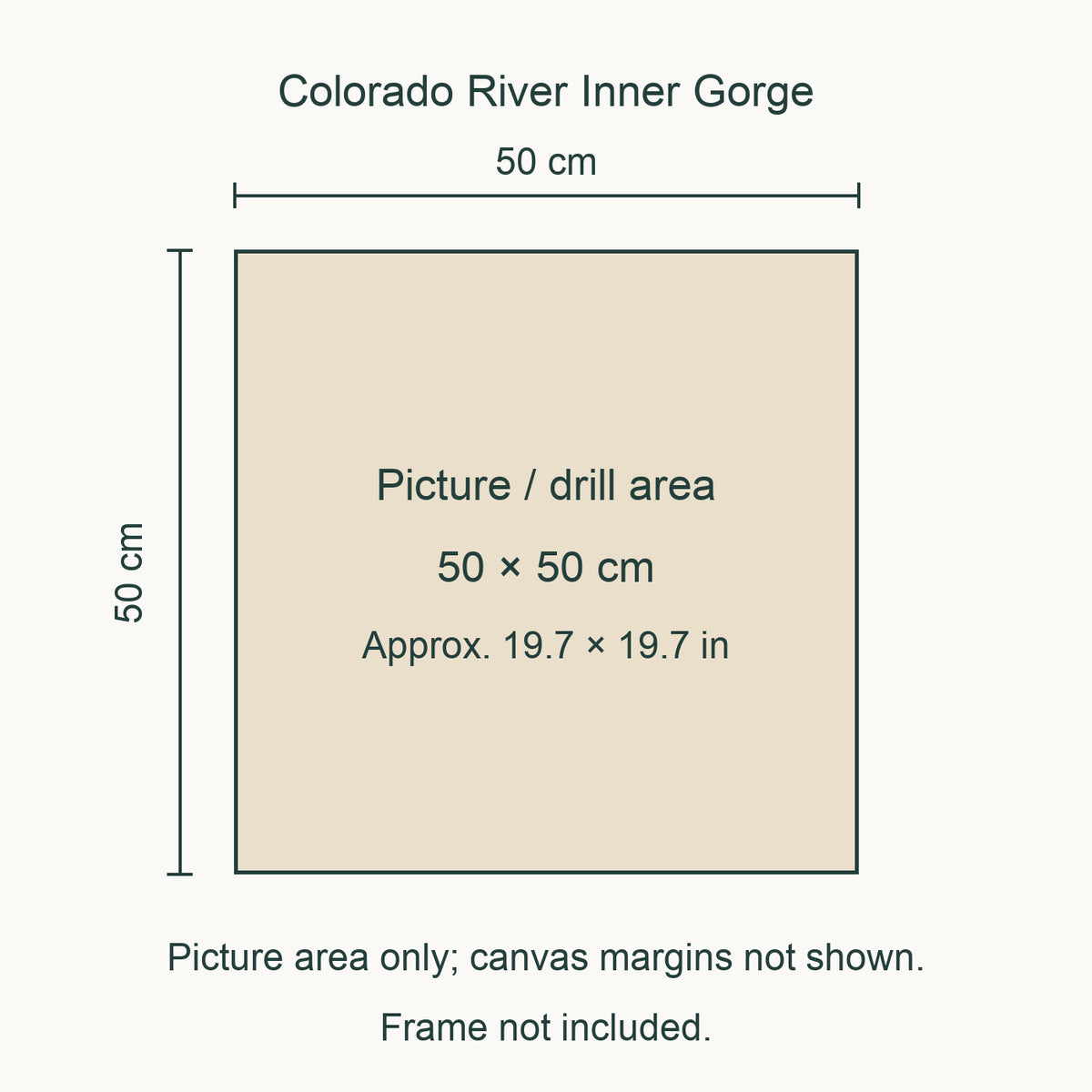 Size guide for this design: 50 × 50 cm (approximately 19.7 × 19.7 in) picture/drill area. Canvas margins and outer frame dimensions are not shown. Frame not included.