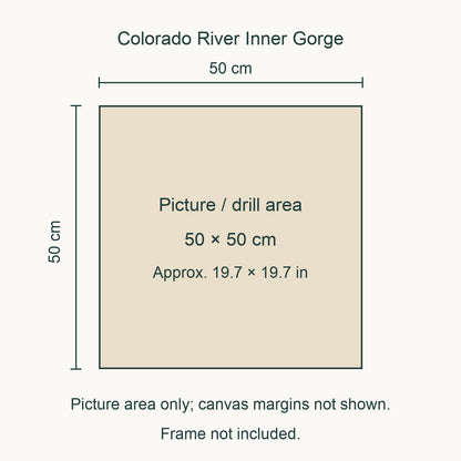 Size guide for this design: 50 × 50 cm (approximately 19.7 × 19.7 in) picture/drill area. Canvas margins and outer frame dimensions are not shown. Frame not included.