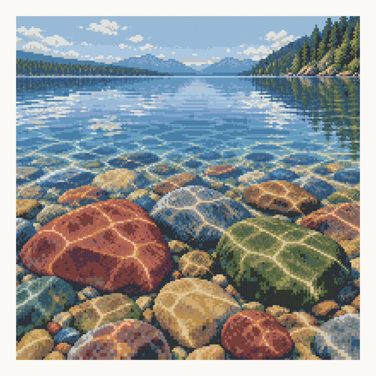 Lake McDonald Shoreline Stones — 50 × 50 cm digital square-diamond preview. Finished colors and sparkle can vary.