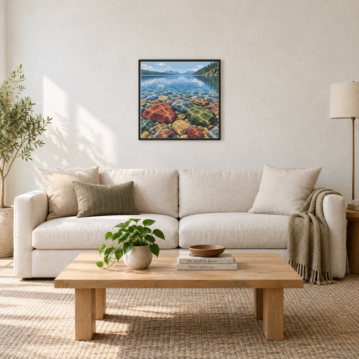 Room illustration showing an approximately 50 × 50 cm (19.7 × 19.7 in) picture, excluding the frame. Frame and props not included; room scale is approximate.