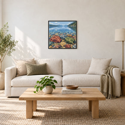 Room illustration showing an approximately 50 × 50 cm (19.7 × 19.7 in) picture, excluding the frame. Frame and props not included; room scale is approximate.