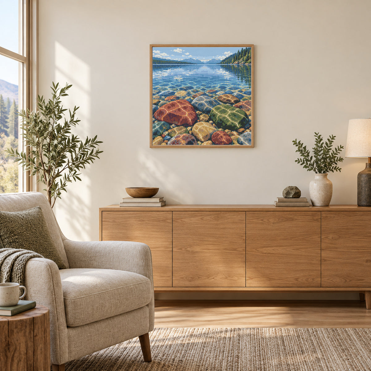 Room illustration showing an approximately 50 × 50 cm (19.7 × 19.7 in) picture, excluding the frame. Frame and props not included; room scale is approximate.