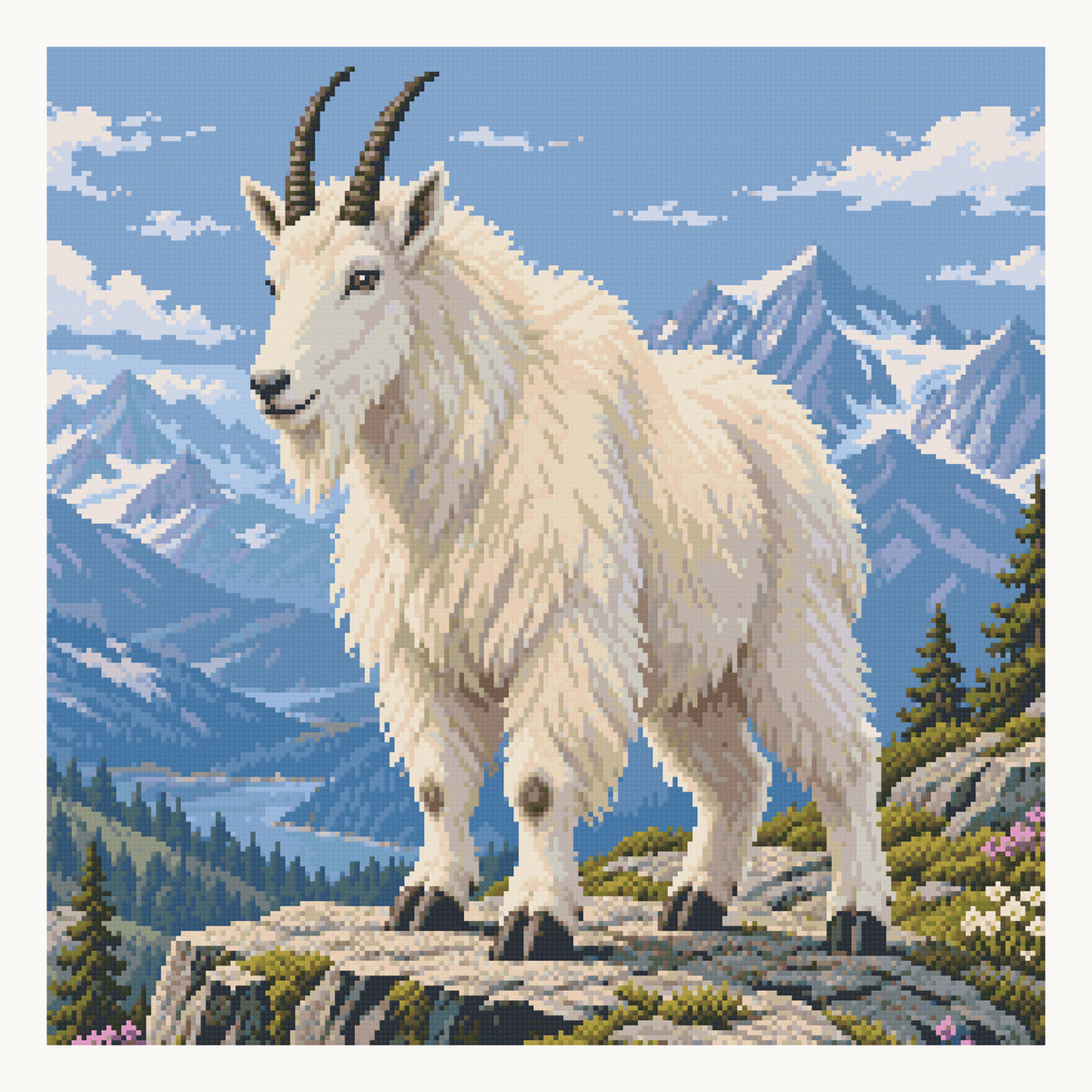 Glacier Mountain Goat — Alpine Ledge — 50 × 50 cm digital square-diamond preview. Finished colors and sparkle can vary.