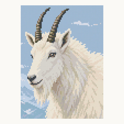Enlarged local square-diamond simulation of the mountain goat head and upper coat. Digital detail, not a finished sample photograph.