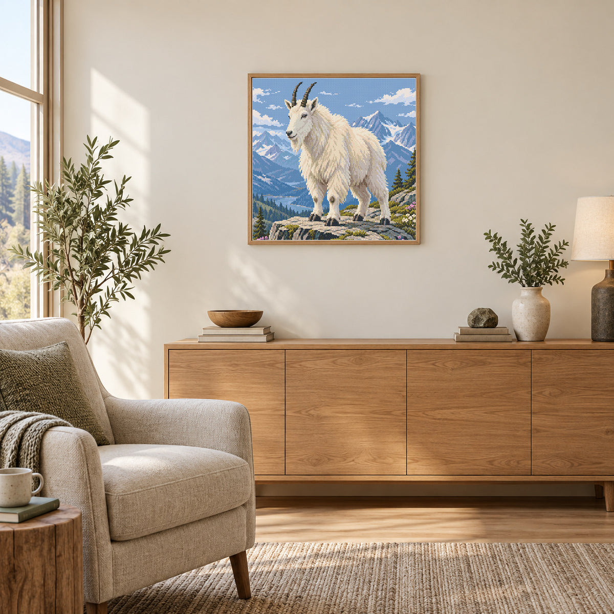 Room illustration showing an approximately 50 × 50 cm (19.7 × 19.7 in) picture, excluding the frame. Frame and props not included; room scale is approximate.