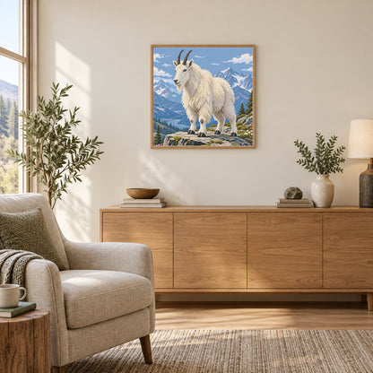 Room illustration showing an approximately 50 × 50 cm (19.7 × 19.7 in) picture, excluding the frame. Frame and props not included; room scale is approximate.