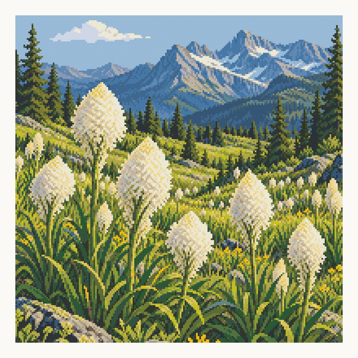 Alpine Beargrass Meadow — 50 × 50 cm square diamond painting; digital drill preview. Finished colors and sparkle can vary.