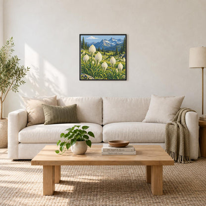 Room illustration showing an approximately 50 × 50 cm picture (about 20 × 20 in). Frame and room props excluded; room scale is approximate.