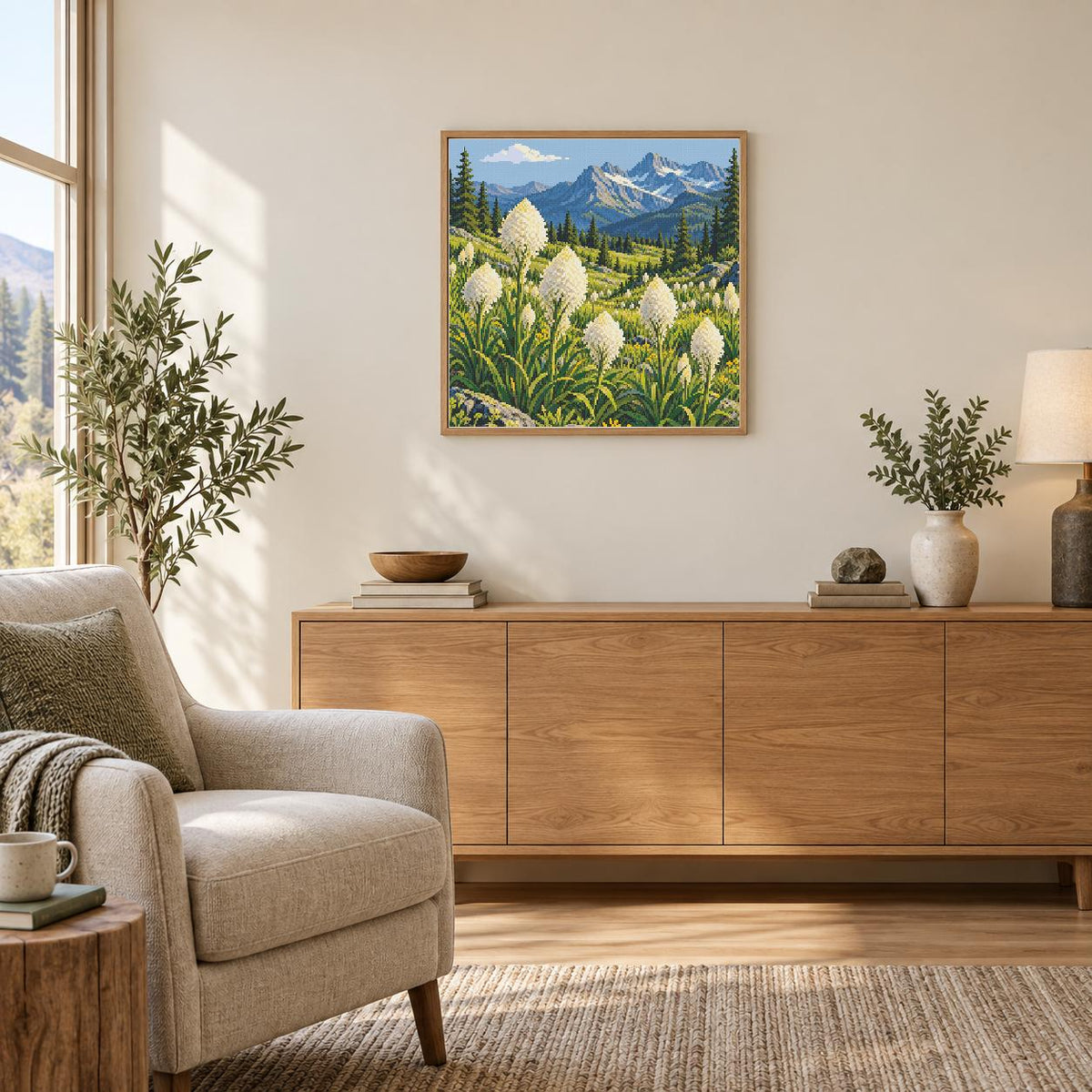 Room illustration showing an approximately 50 × 50 cm picture (about 20 × 20 in). Frame and room props excluded; room scale is approximate.