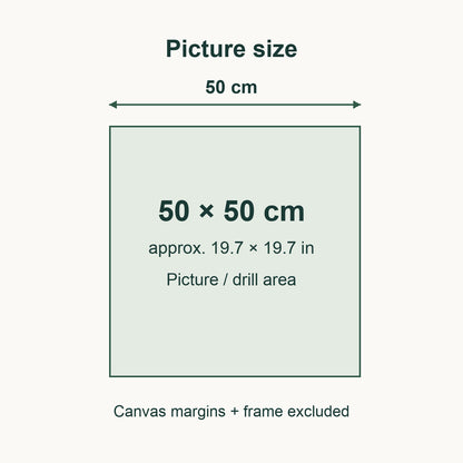 50 × 50 cm picture / drill area (approx. 19.7 × 19.7 in), excluding canvas margins and frame.