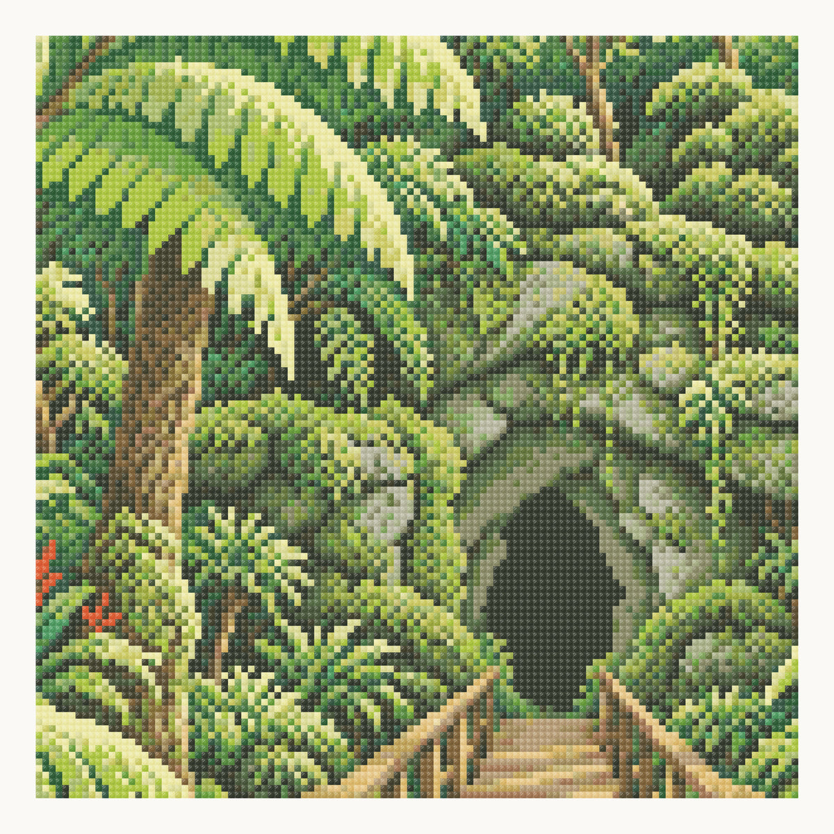 Enlarged local square-diamond simulation of fern, mossy rock and bridge details. Digital detail, not a finished sample photograph.