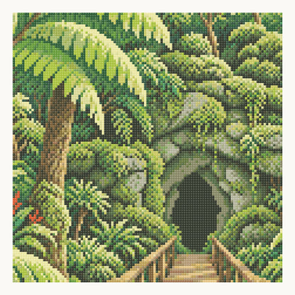Enlarged local square-diamond simulation of fern, mossy rock and bridge details. Digital detail, not a finished sample photograph.