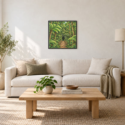 Room illustration showing an approximately 50 × 50 cm (19.7 × 19.7 in) picture, excluding the frame. Frame and props not included; room scale is approximate.