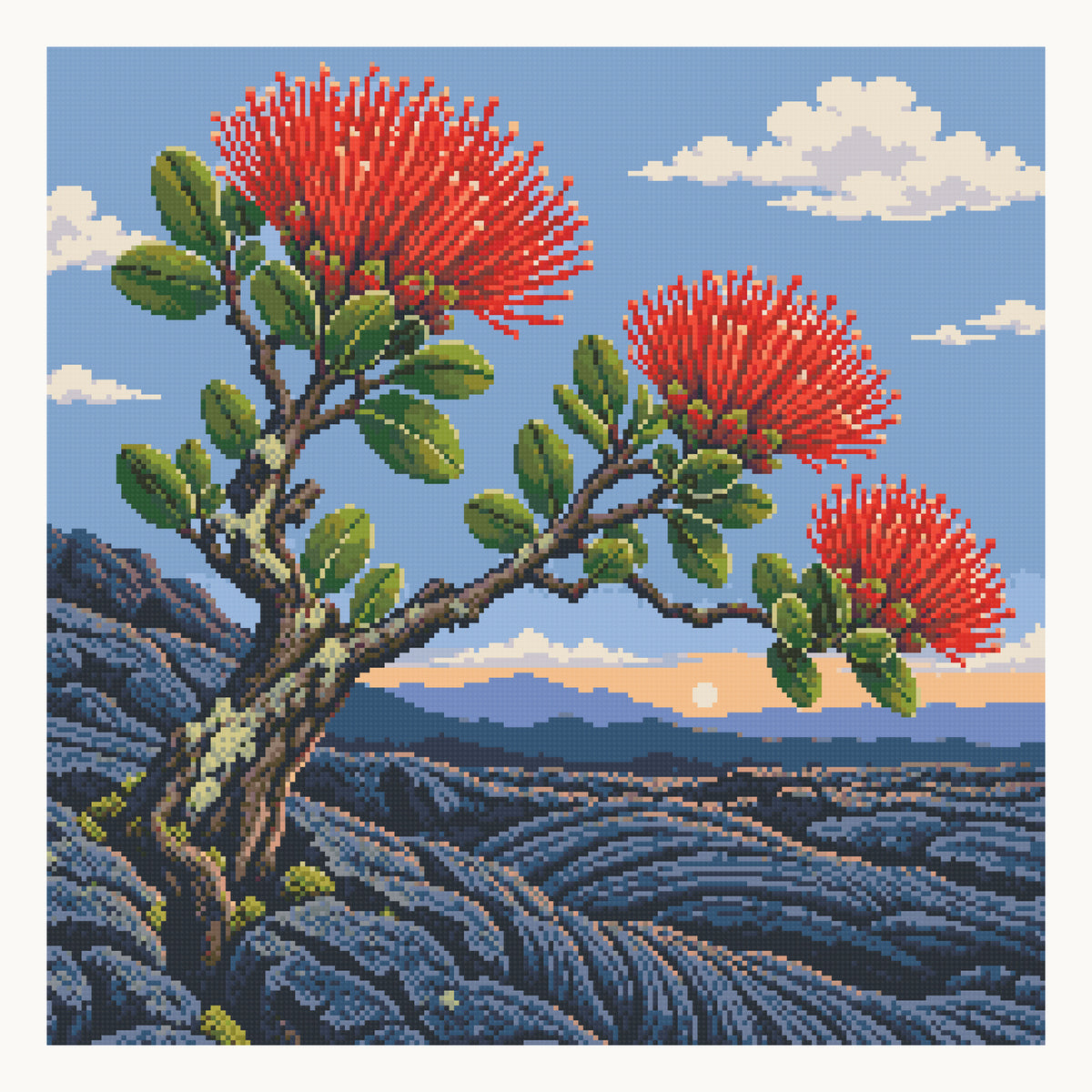 ʻŌhiʻa Lehua Volcanic Dawn — 50 × 50 cm (19.7 × 19.7 in) digital square-diamond preview. Digital simulation; finished colors and sparkle can vary.