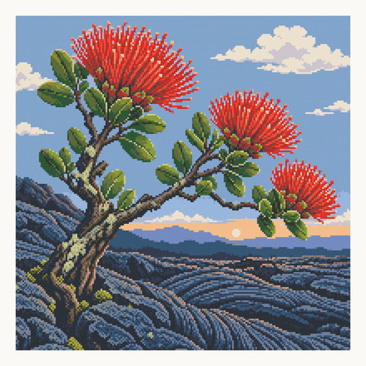 ʻŌhiʻa Lehua Volcanic Dawn — 50 × 50 cm (19.7 × 19.7 in) digital square-diamond preview. Digital simulation; finished colors and sparkle can vary.