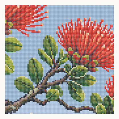 ʻŌhiʻa Lehua Volcanic Dawn — enlarged local square-diamond rendering from this pattern. Digital simulation, not a finished sample photo.