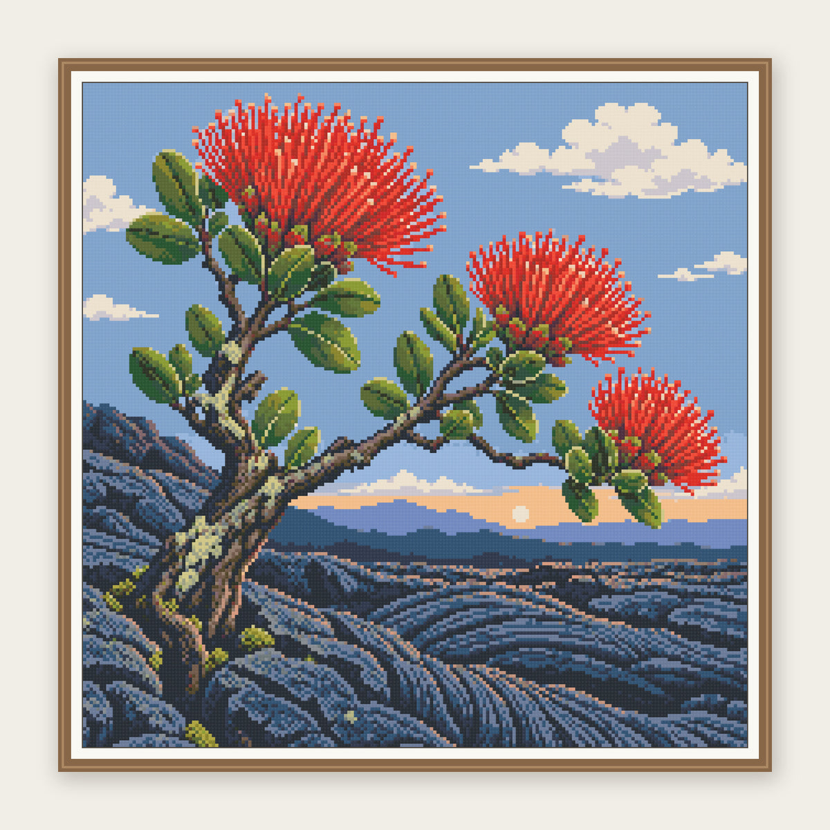 Digital framing illustration of the same 50 × 50 cm ʻŌhiʻa Lehua Volcanic Dawn picture. Frame not included.