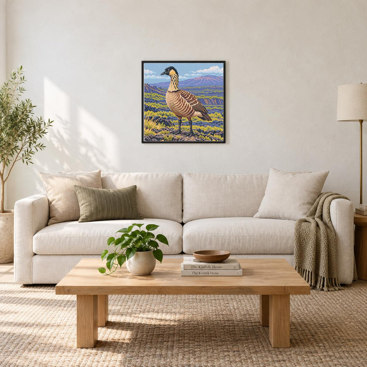 Room illustration with a digital preview of an approximately 50 × 50 cm picture (about 20 × 20 in). Frame and props excluded; room scale is approximate.