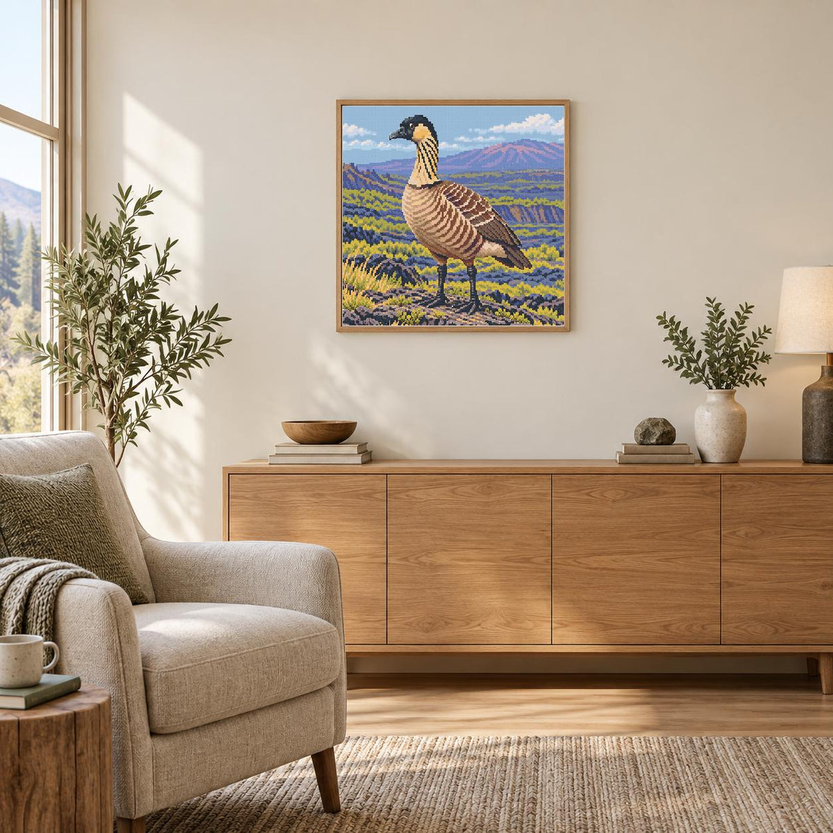 Room illustration with a digital preview of an approximately 50 × 50 cm picture (about 20 × 20 in). Frame and props excluded; room scale is approximate.