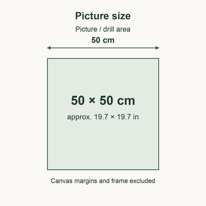 50 × 50 cm picture / drill area (approx. 19.7 × 19.7 in). Canvas margins and frame are excluded from these dimensions.