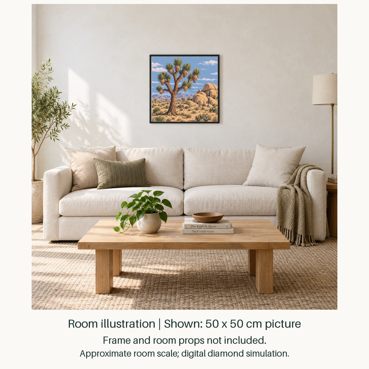 Room illustration showing an approximately 50 × 50 cm (19.7 × 19.7 in) picture, excluding the frame. Frame and room props not included; room scale is approximate.