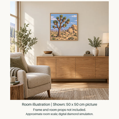Room illustration showing an approximately 50 × 50 cm (19.7 × 19.7 in) picture, excluding the frame. Frame and room props not included; room scale is approximate.