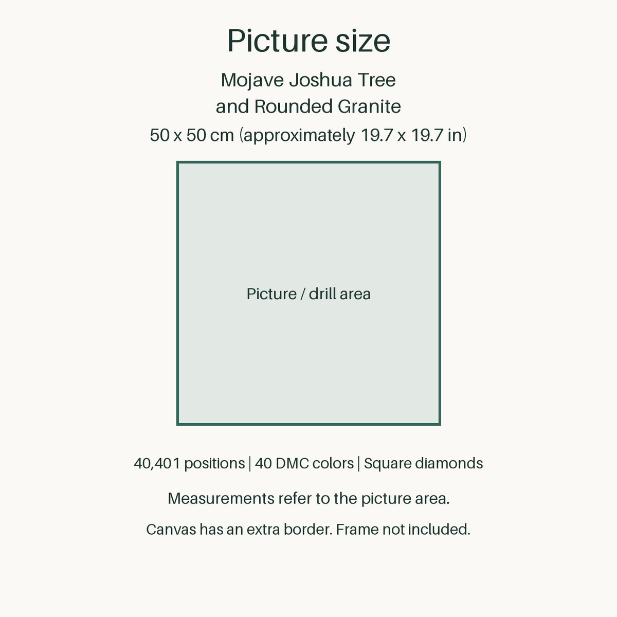 Measurements refer to the 50 × 50 cm picture area (approximately 19.7 × 19.7 in). Canvas has an extra border. Frame not included.