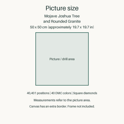 Measurements refer to the 50 × 50 cm picture area (approximately 19.7 × 19.7 in). Canvas has an extra border. Frame not included.