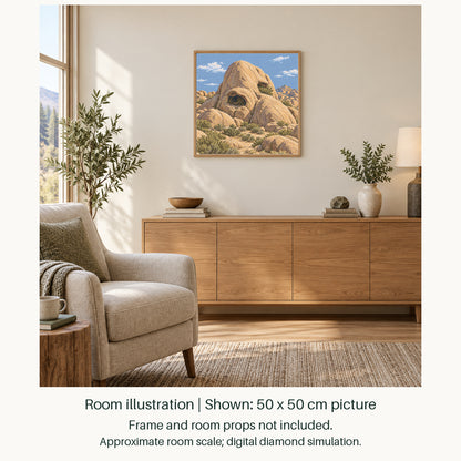 Room illustration showing an approximately 50 × 50 cm (19.7 × 19.7 in) picture, excluding the frame. Frame and room props not included; room scale is approximate.
