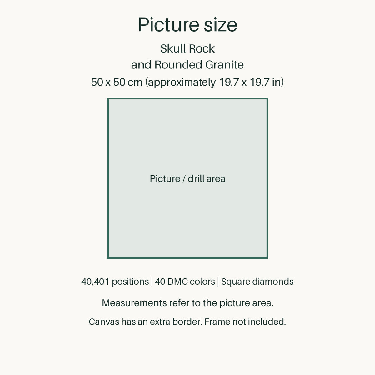 Measurements refer to the 50 × 50 cm picture area (approximately 19.7 × 19.7 in). Canvas has an extra border. Frame not included.