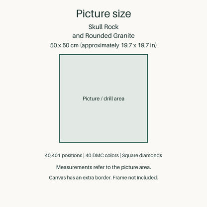 Measurements refer to the 50 × 50 cm picture area (approximately 19.7 × 19.7 in). Canvas has an extra border. Frame not included.