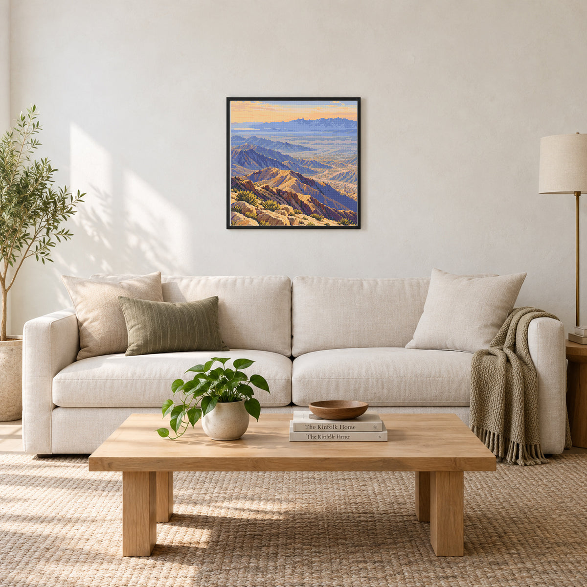 Room illustration showing an approximately 50 x 50 cm (19.7 x 19.7 in) picture, excluding the frame. Frame and props not included; room scale is approximate.