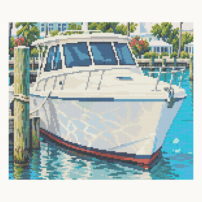 Enlarged local Square-diamond simulation of the complete foreground cabin boat, roof, glass, foredeck, hull and waterline; not a finished-sample photograph.