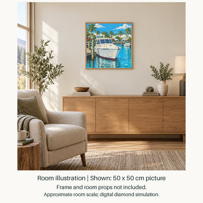 Room illustration showing an approximately 50 × 50 cm (19.7 × 19.7 in) picture, excluding the frame. Frame and room props not included; room scale is approximate.