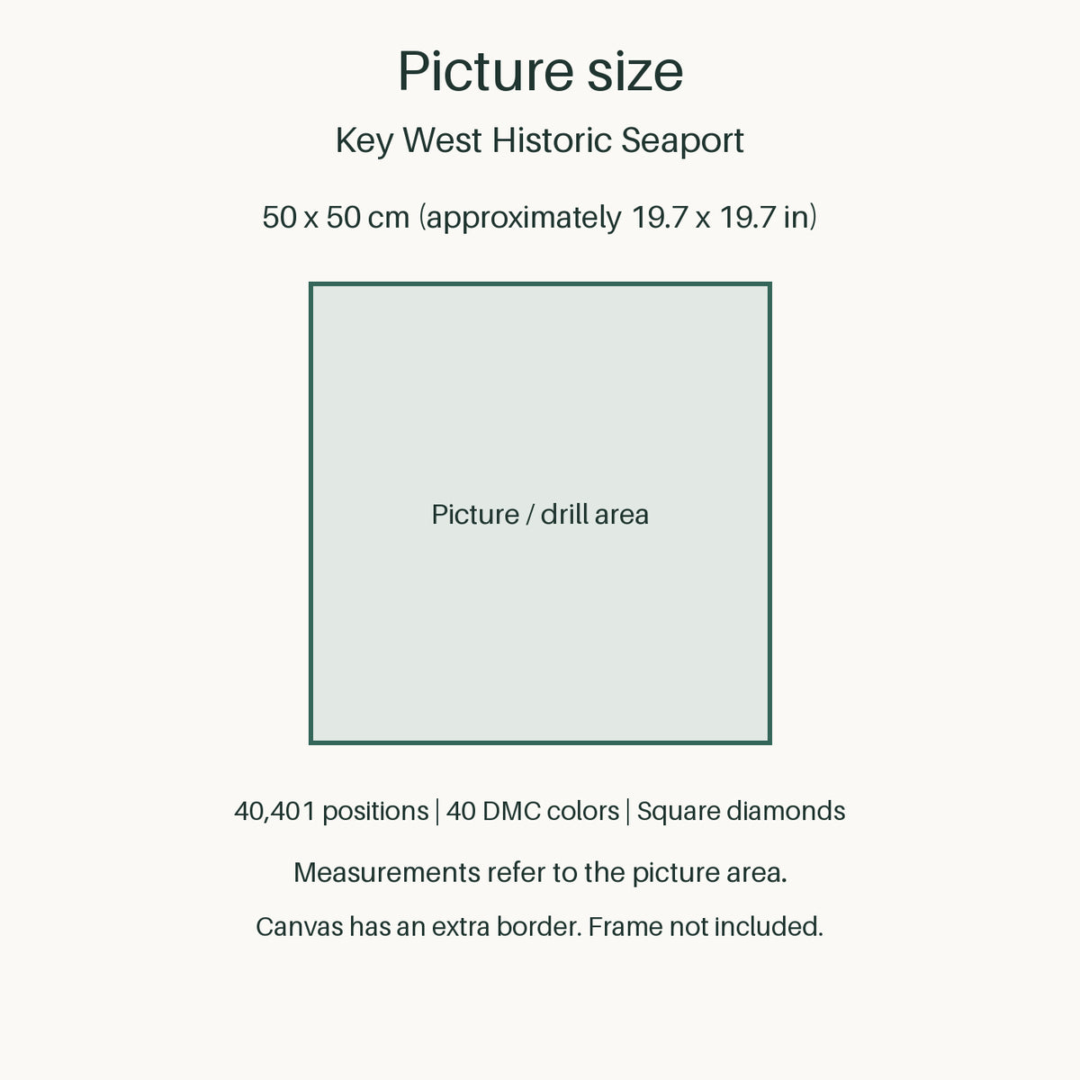 Measurements refer to the 50 × 50 cm picture area (approximately 19.7 × 19.7 in). Canvas has an extra border. Frame not included.