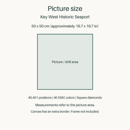 Measurements refer to the 50 × 50 cm picture area (approximately 19.7 × 19.7 in). Canvas has an extra border. Frame not included.