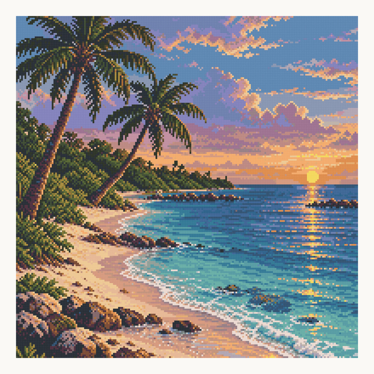Fort Zachary Taylor Shore at Sunset — digital Square-diamond preview of the 50 × 50 cm picture. Tall palm tips are cropped by the picture edge. Finished colors and sparkle can vary.