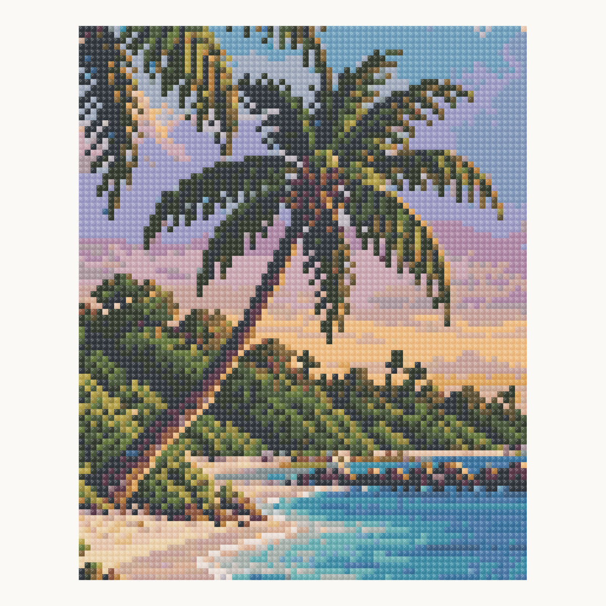 Enlarged local Square-diamond simulation of the shorter palm, its complete crown, leaning trunk and ground contact, with nearby foliage and shore. Not a finished-sample photograph.