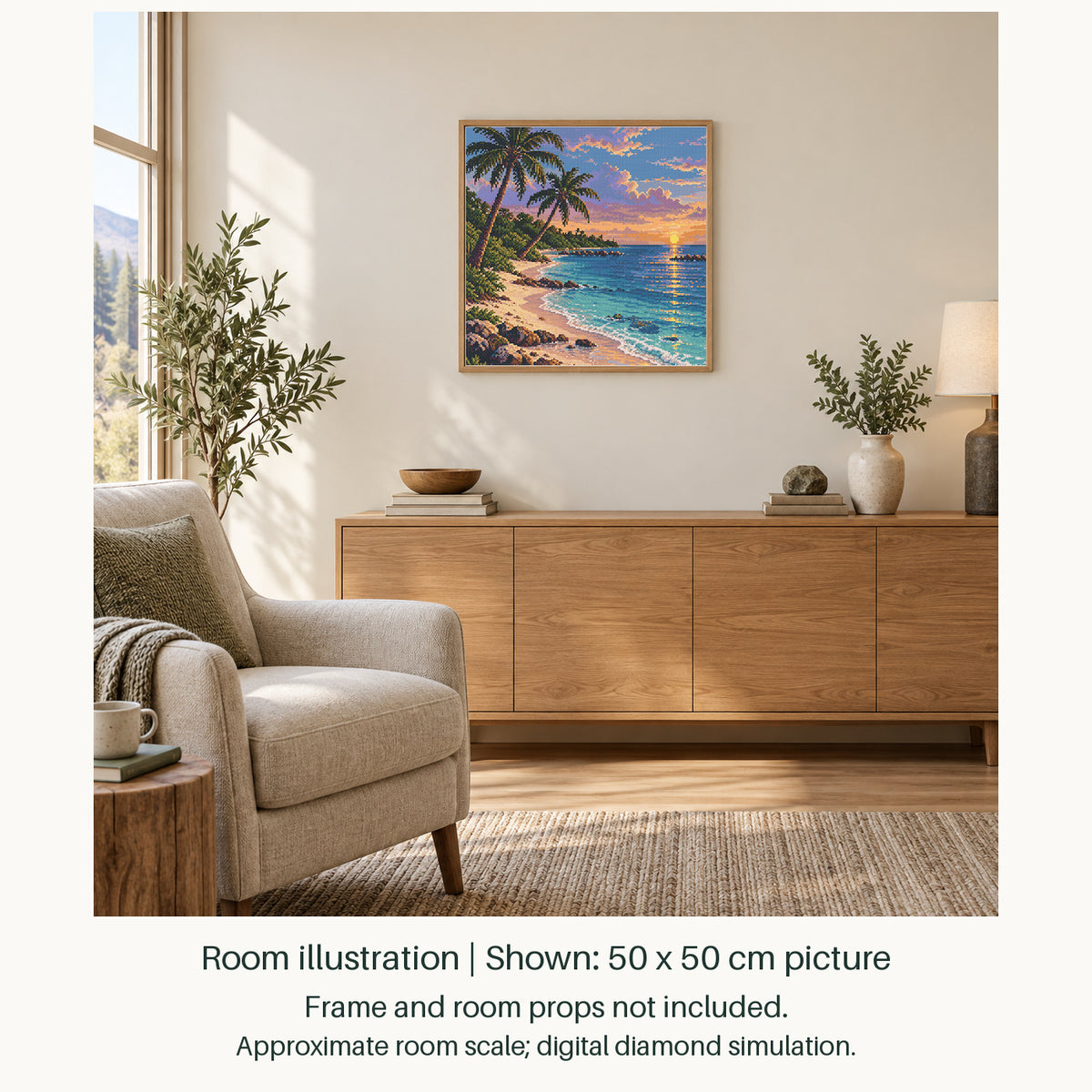 Room illustration showing an approximately 50 × 50 cm (19.7 × 19.7 in) picture, excluding the frame. Frame and room props not included; room scale is approximate.