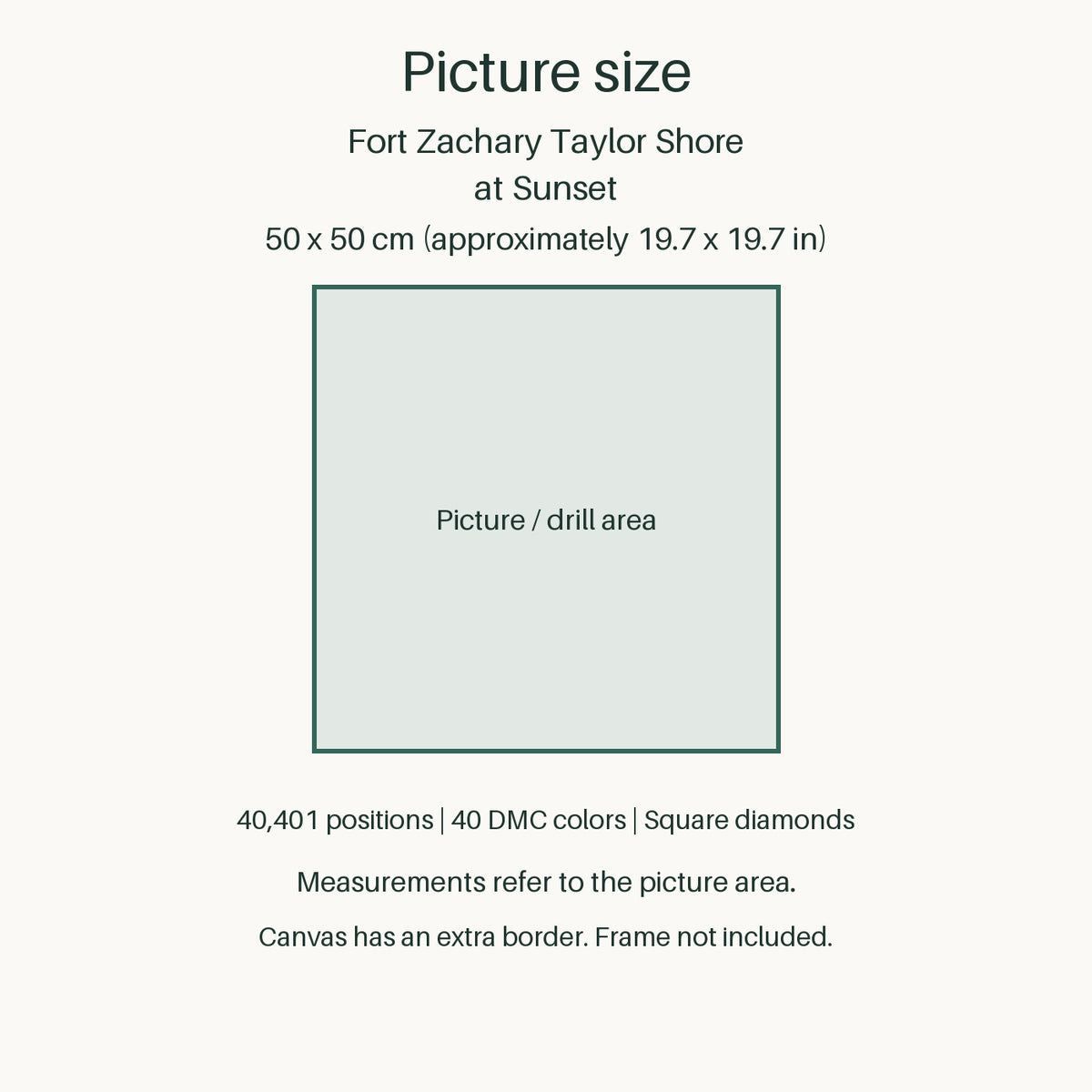 Measurements refer to the 50 × 50 cm picture area (approximately 19.7 × 19.7 in). Canvas has an extra border. Frame not included.