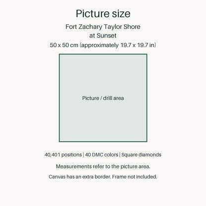 Measurements refer to the 50 × 50 cm picture area (approximately 19.7 × 19.7 in). Canvas has an extra border. Frame not included.