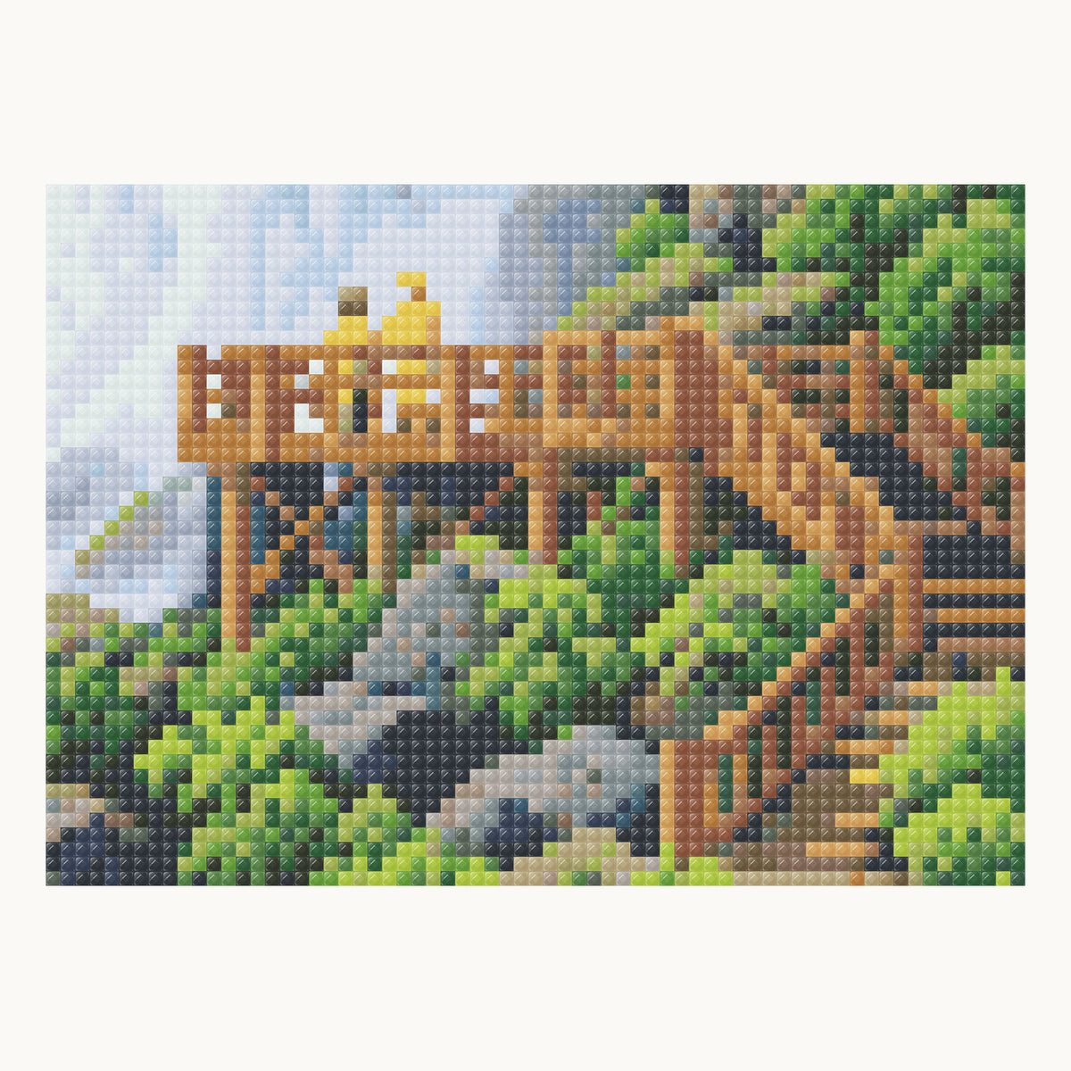 Enlarged local square-diamond simulation of the deck rail bays, supports, descending stairs and nearby rocks and greenery; not a finished-sample photograph.