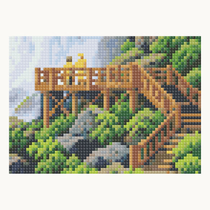 Enlarged local square-diamond simulation of the deck rail bays, supports, descending stairs and nearby rocks and greenery; not a finished-sample photograph.