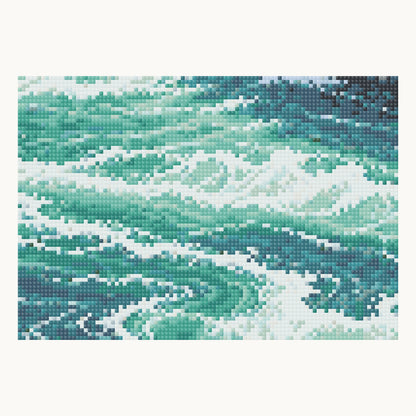 Enlarged local square-diamond simulation of the pale turning foam, jade-green water and deep blue channel; not a finished-sample photograph.