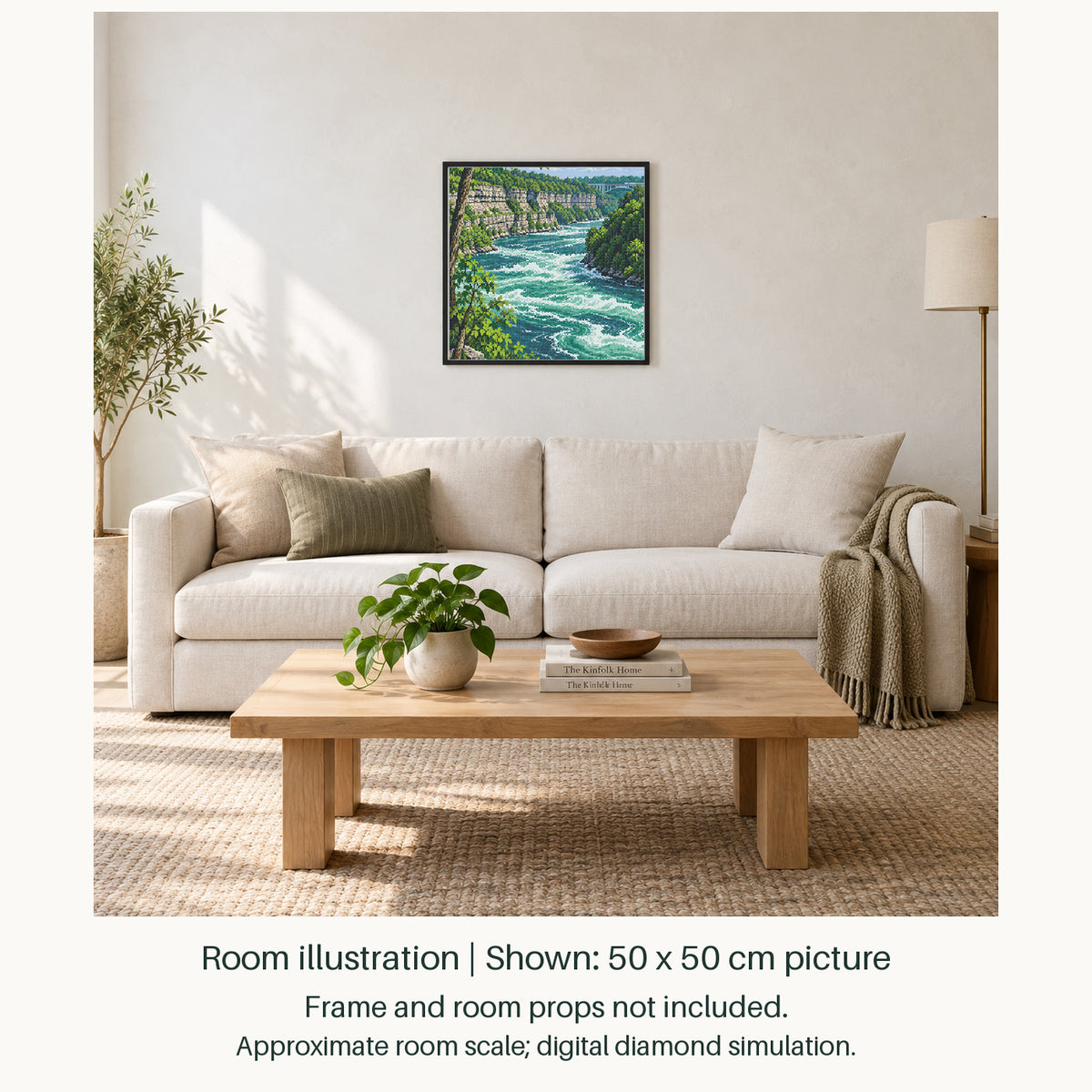 Room illustration showing an approximately 50 × 50 cm picture. Frame and room props not included; room scale is approximate.