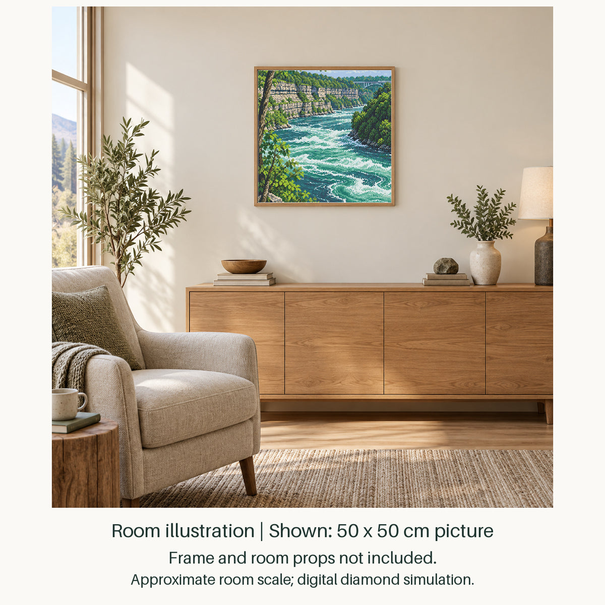 Room illustration showing an approximately 50 × 50 cm picture. Frame and room props not included; room scale is approximate.