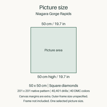 Proportional size guide for the sole 50 × 50 cm picture area. Canvas margins are extra; outer-frame size unspecified. Frame not included.