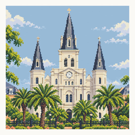 Cathedral and Jackson Square Garden — digital square-diamond preview of the 50 × 50 cm picture area. Finished colors and sparkle can vary.