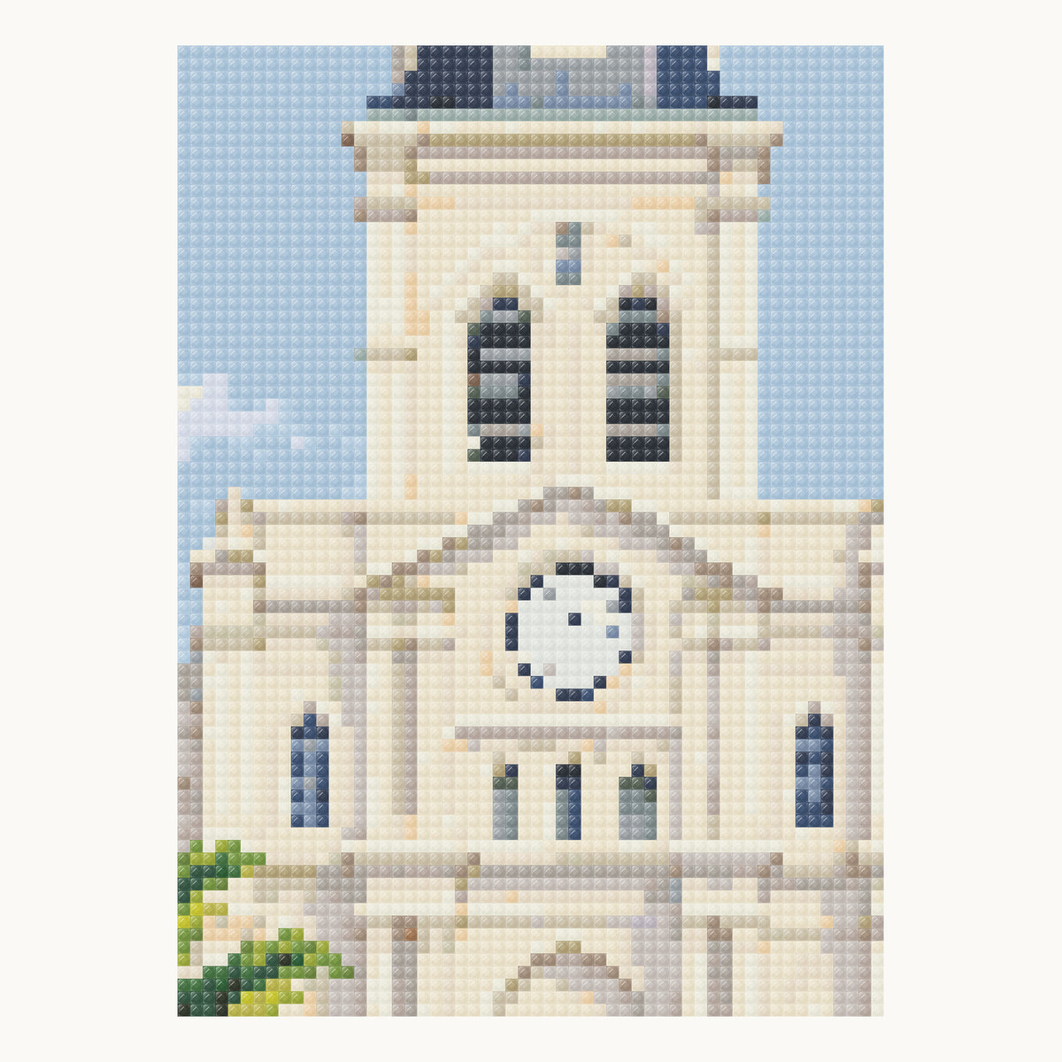 Enlarged local square-diamond simulation of the central louvres, clock and cornices; not a finished-sample photograph.