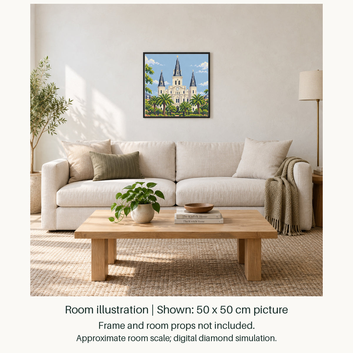 Room illustration showing an approximately 50 × 50 cm picture. Frame and room props not included; room scale is approximate.